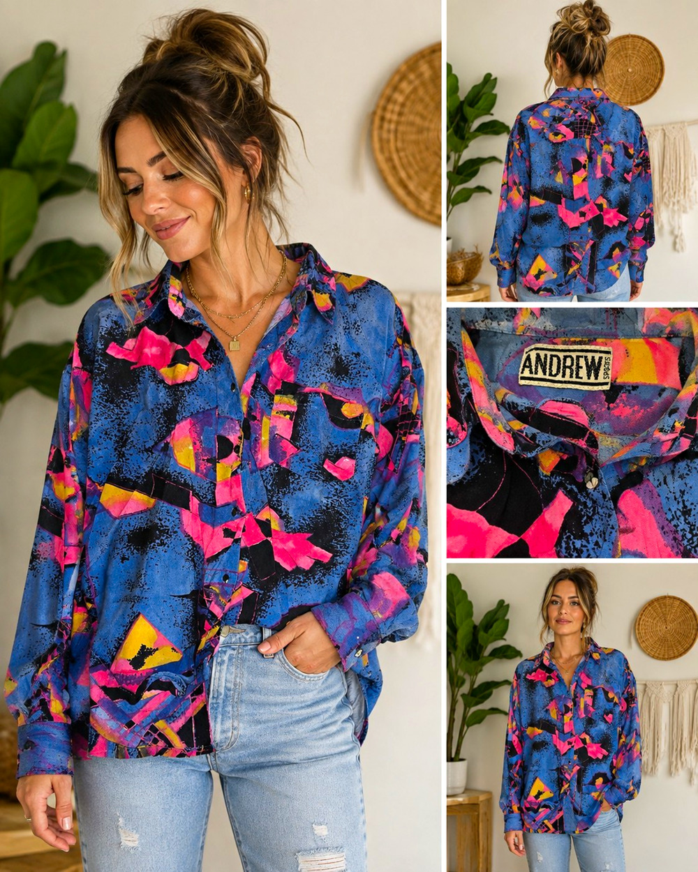 Vintage Andrew Sports Abstract Geometric Button Up Shirt 80s 90s Colorful Retro